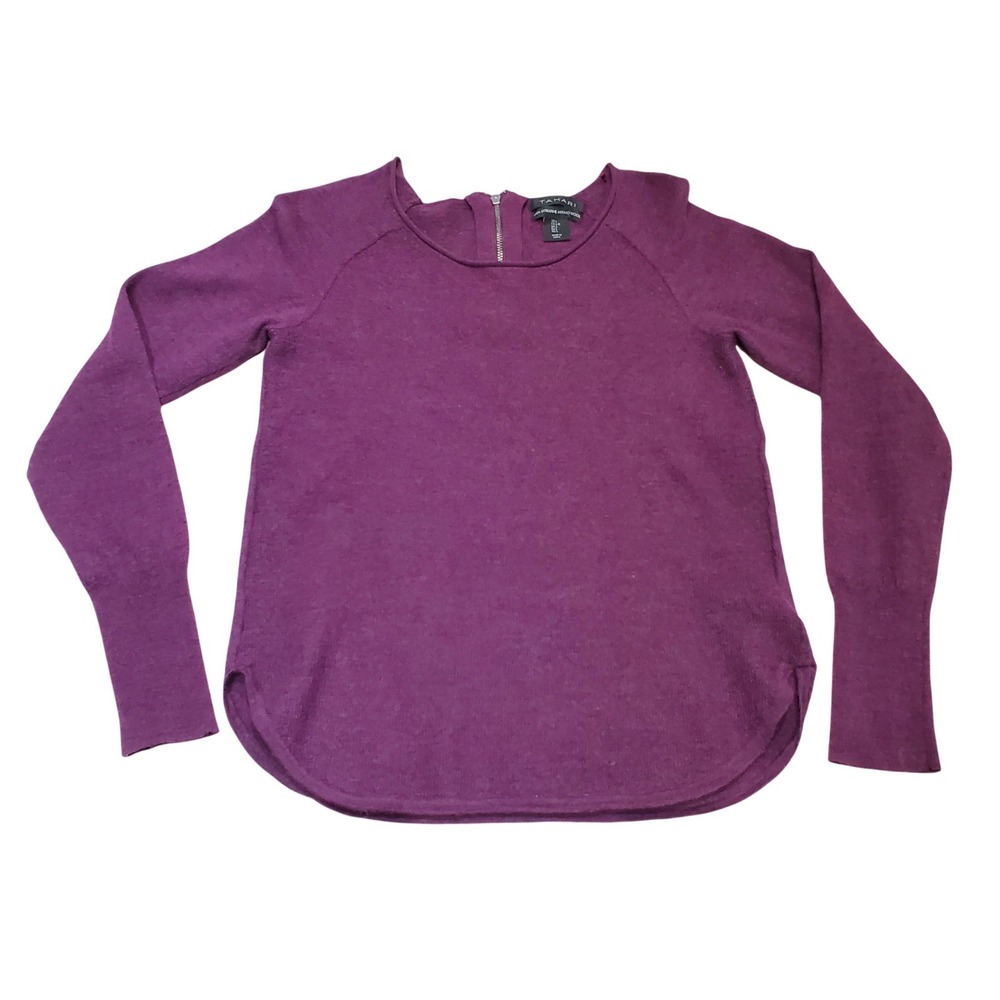 Tahari Women's Purple Wine 100% Extra Fine Merino Wool Round Neck Sweater Size L